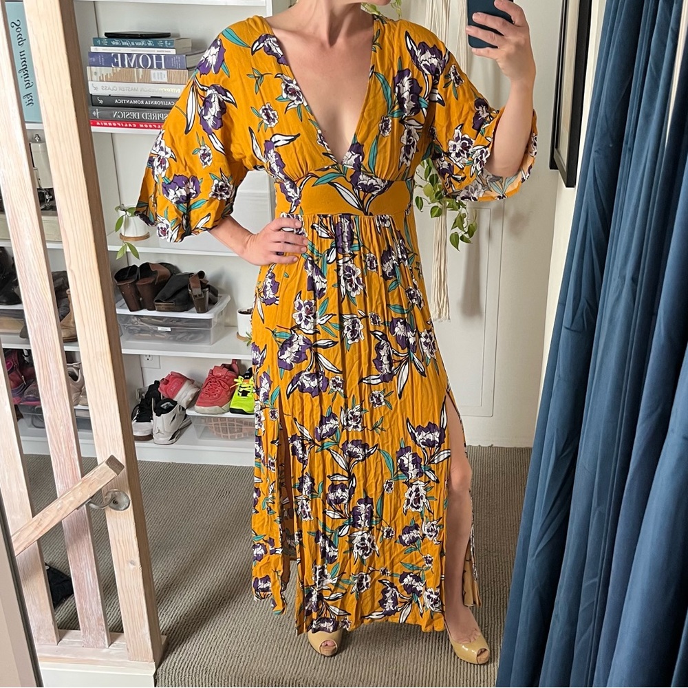 Nasty Gal Yellow Floral Low Cut V Neck Maxi Dress